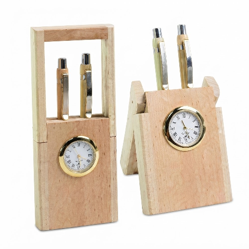 Wooden Desktop Pen Stand With Clock